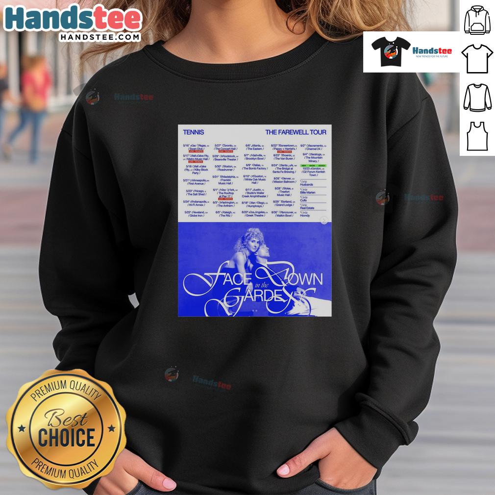 Hot Tennis Farewell Tour 2025 poster sweatshirt featuring vibrant graphics and tour dates.
