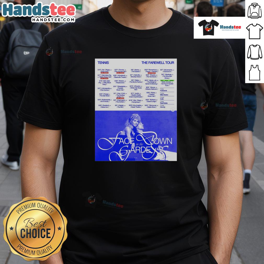 Alt Text: Hot Tennis The Farewell Tour 2025 poster on a stylish T-shirt design featuring vibrant graphics and tour details.