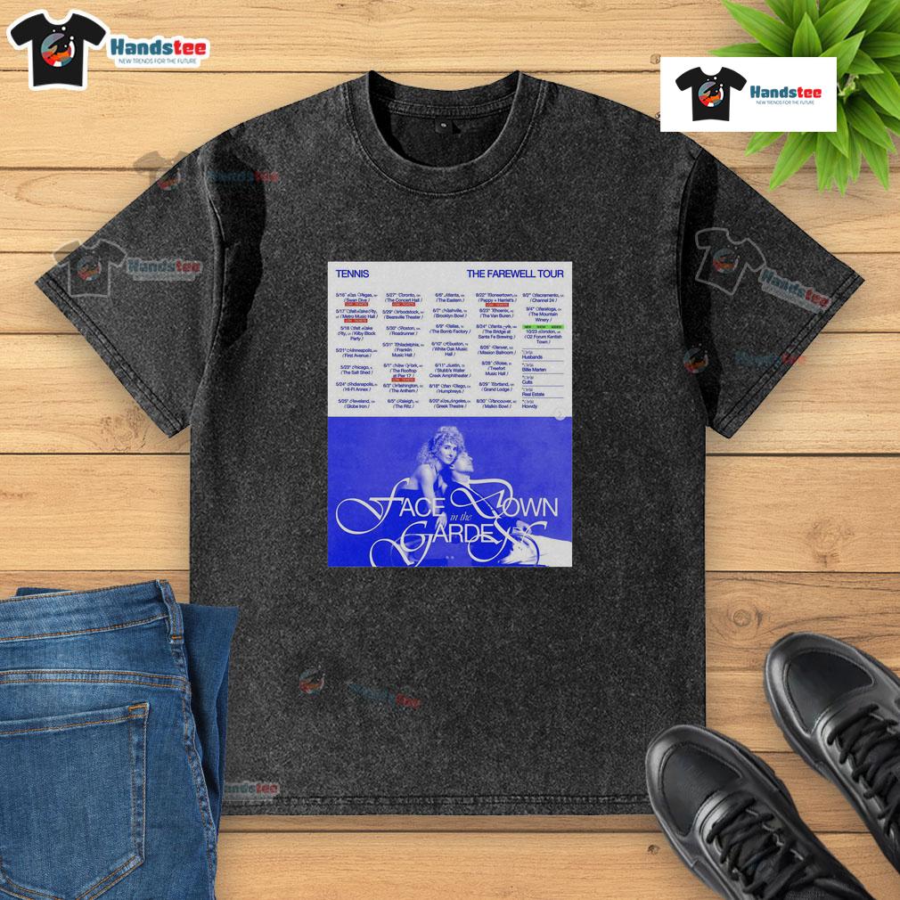 Alt Text: Hot Tennis The Farewell Tour 2025 poster design on a washed t-shirt, featuring vibrant colors and bold graphics.