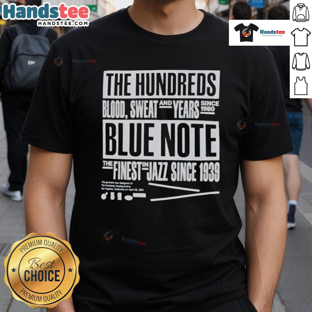 Alt Text: Nice Blue Note The Hundreds T-Shirt featuring 'The Finest Jazz Since 1939' design, celebrating jazz culture.