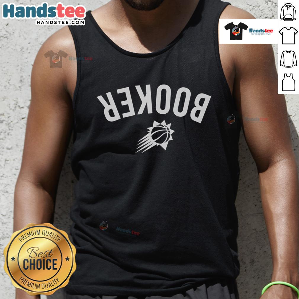 Devin Booker wearing a Phoenix Suns inverted tank top, showcasing team spirit and style in vibrant colors.