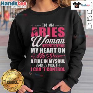 Aries woman sweatshirt with 'Heart on my sleeve, fire in my soul' design, perfect for astrology lovers.