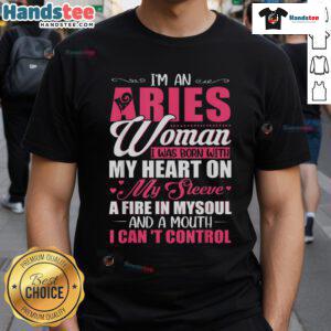 Aries woman t-shirt featuring 'Born With My Heart On My Sleeve' design, showcasing fire and personality. Perfect for astrology lovers.