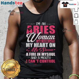 Alt Text: Aries woman tank top featuring bold text Born with my heart on my sleeve expressing fiery personality and confidence.