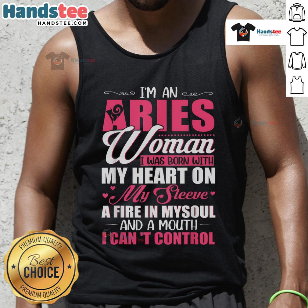 Alt Text: Aries woman tank top featuring bold text Born with my heart on my sleeve expressing fiery personality and confidence.