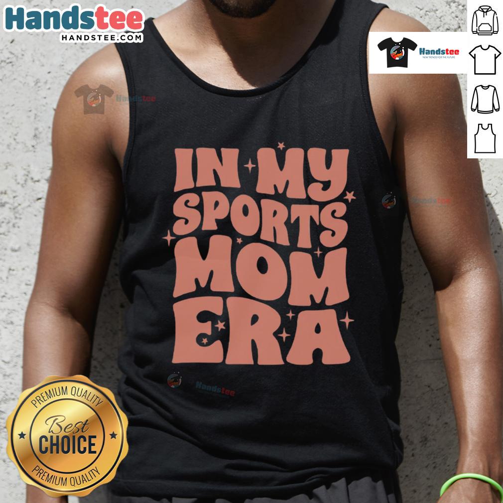Woman wearing 'Nice in My Sports Mom Era' tank top, showcasing sporty style and confidence outdoors.