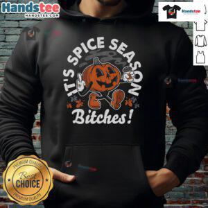 Stylish 'Nice-Its-Spice-Season-Bitches' hoodie featuring vibrant graphics, perfect for fall fashion enthusiasts.
