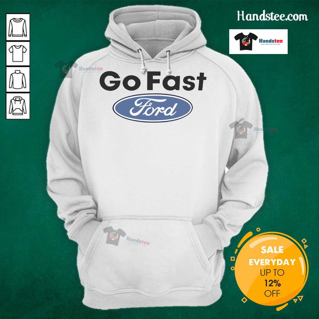 Alt Text: Caitlyn Torres wearing a Go Fast Ford hoodie from Nice Motorheads, showcasing stylish automotive fashion.
