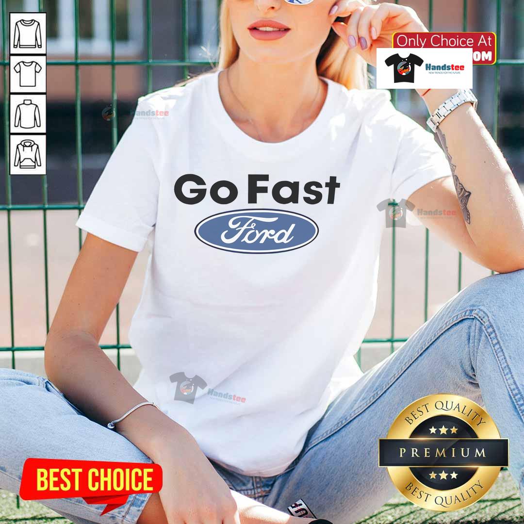 Caitlyn Torres wearing Nice Motorheads Go Fast Ford ladies tee, showcasing stylish automotive apparel for women.