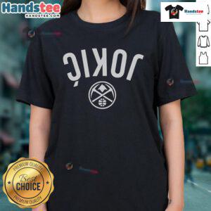 Alt Text: Stylish Nikola Jokic Denver Nuggets invert upside ladies tee showcasing team spirit and fashion.