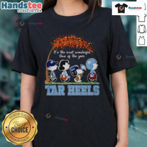 Alt Text: Halloween-themed ladies tee featuring UNC Tar Heels and peanuts design for the most wonderful time of the year.