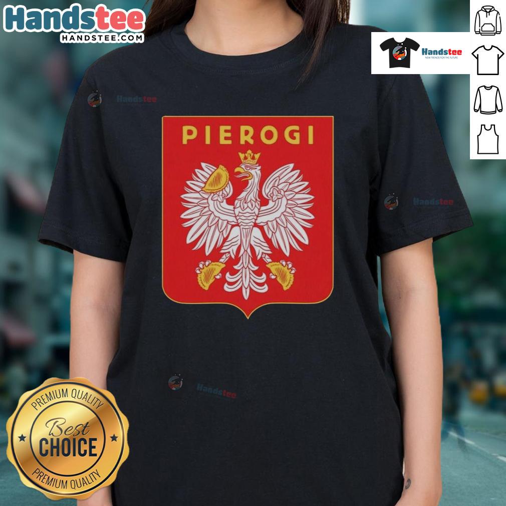 Ladies tee featuring the Nice Pierogi Coat of Arms logo, perfect for food lovers and pierogi enthusiasts.