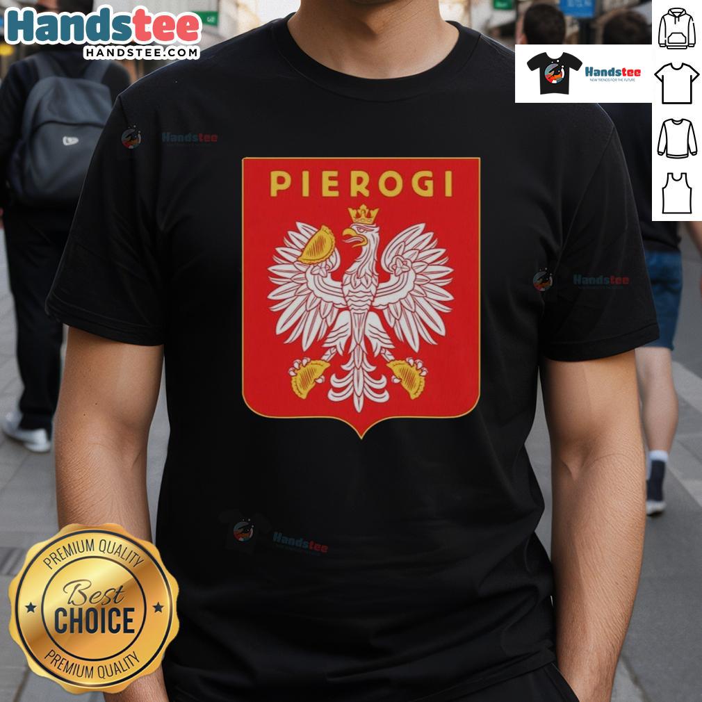 Nice Pierogi Coat Of Arms Logo T-Shirt featuring a vibrant design celebrating Polish heritage and delicious pierogi.