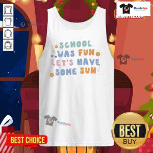 Happy kids wearing 'Nice School Was Fun Let's Have Some Sun' tank tops enjoying a sunny day outdoors.