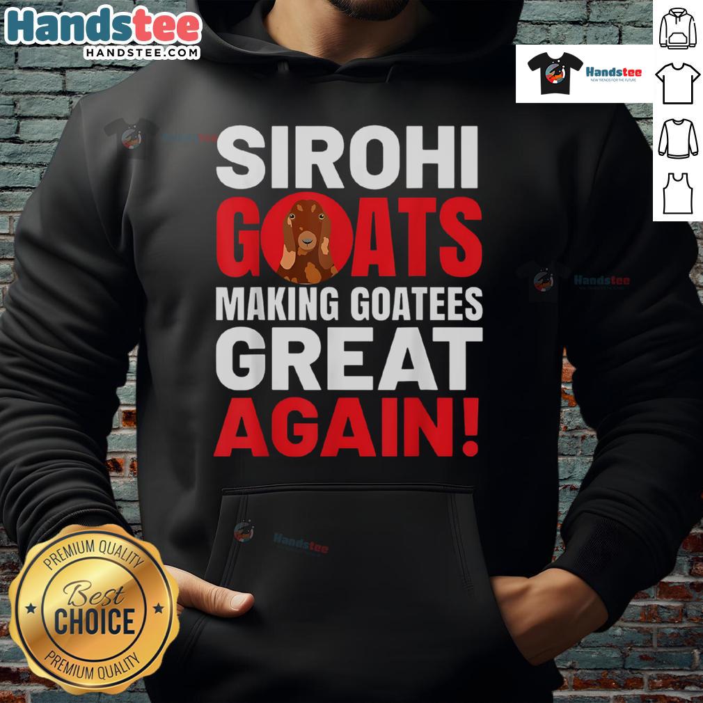 Nice Sirohi goats wearing 'Making Goatees Great Again' hoodies, showcasing a fun and trendy goat fashion statement.