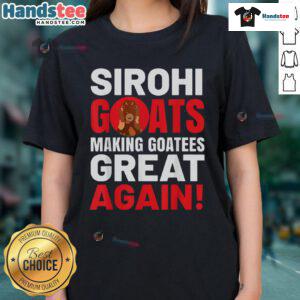 Womens tee featuring Sirohi goats, promoting the slogan 'Making Goatees Great Again' for goat lovers and enthusiasts.