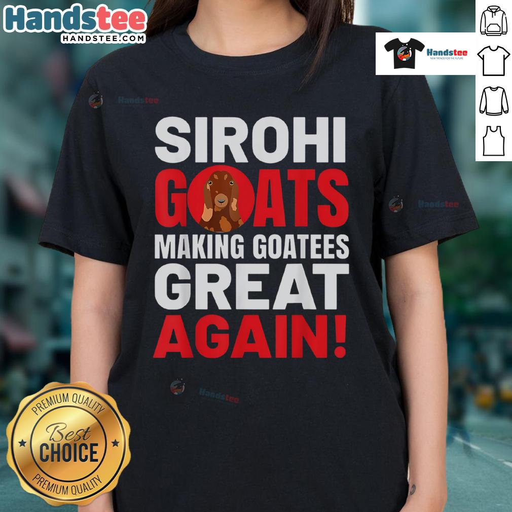 Womens tee featuring Sirohi goats, promoting the slogan 'Making Goatees Great Again' for goat lovers and enthusiasts.