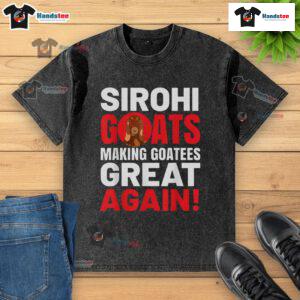 Nice Sirohi goats on a washed t-shirt, promoting the slogan 'Making Goatees Great Again' in vibrant colors.