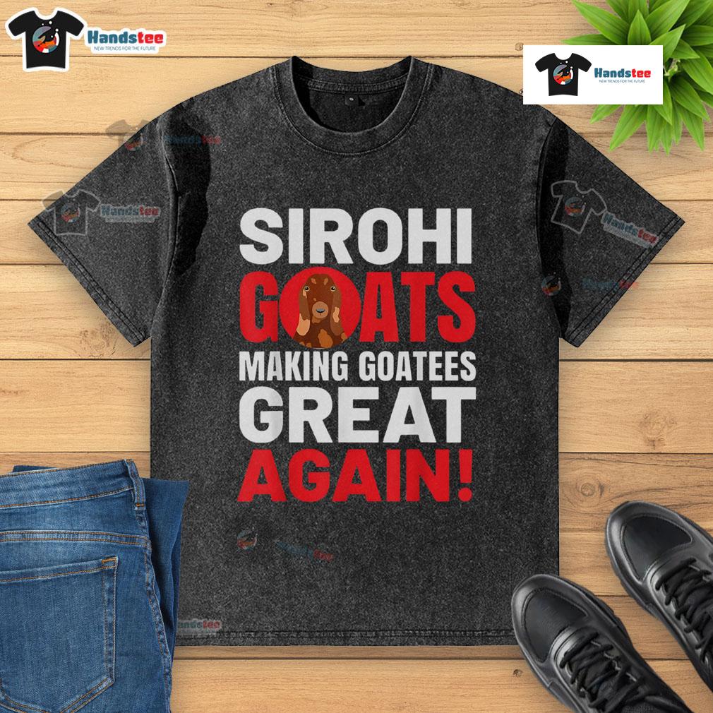 Nice Sirohi goats on a washed t-shirt, promoting the slogan 'Making Goatees Great Again' in vibrant colors.