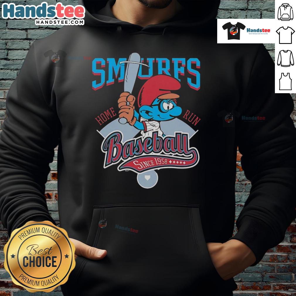 Nice Smurf Baseball Home Run Since 1958 hoodie featuring vibrant graphics and a comfortable fit for fans.