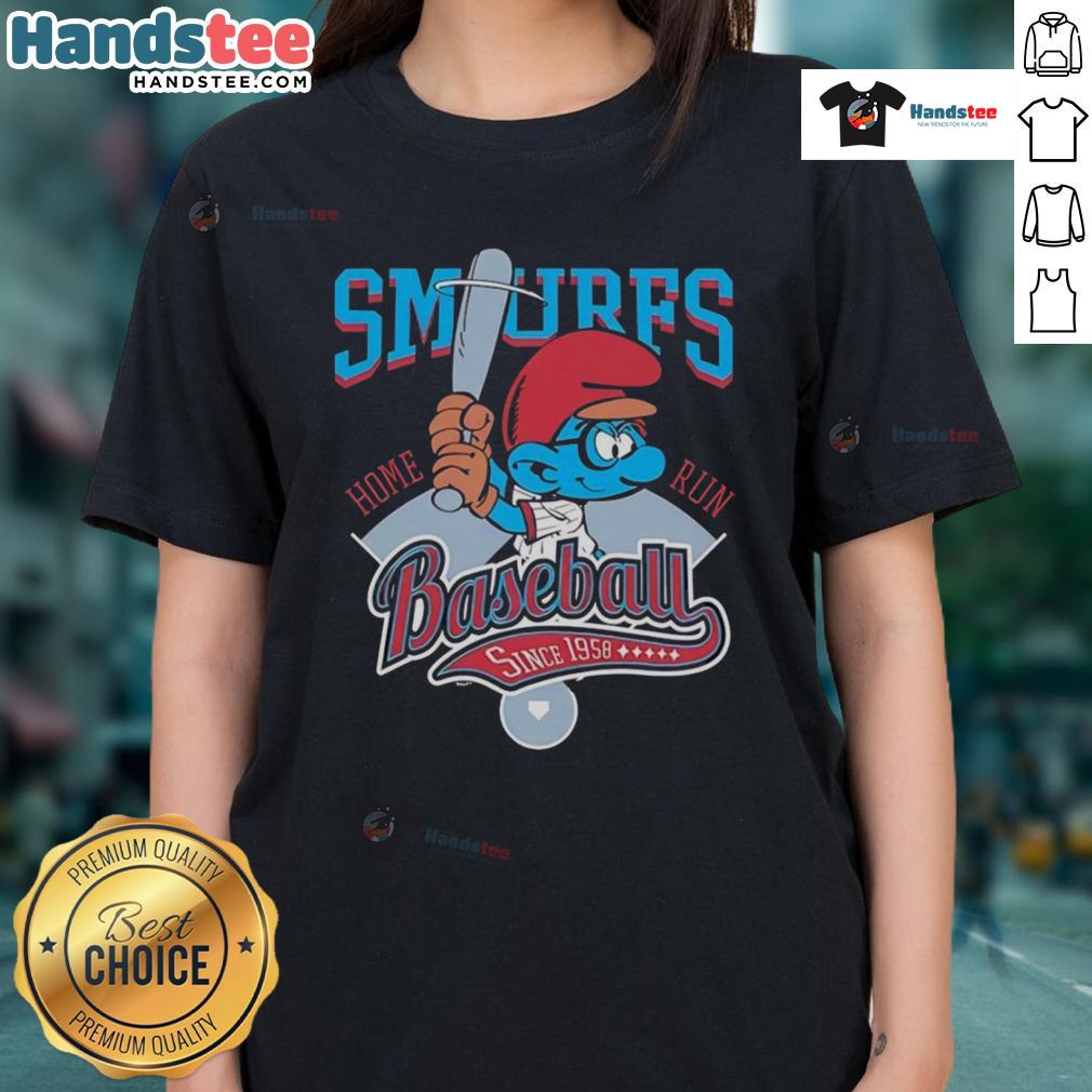 Nice Smurf Baseball Home Run shirt for ladies, celebrating baseball since 1958, perfect for fans and casual wear.