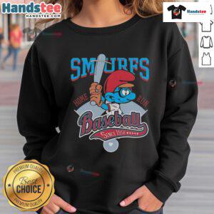 Alt Text: Nice Smurf Baseball Home Run Since 1958 sweatshirt featuring vibrant blue design and playful Smurf graphics.