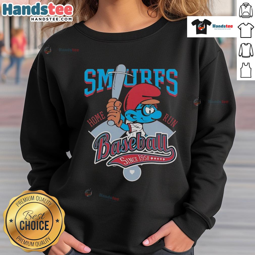 Alt Text: Nice Smurf Baseball Home Run Since 1958 sweatshirt featuring vibrant blue design and playful Smurf graphics.