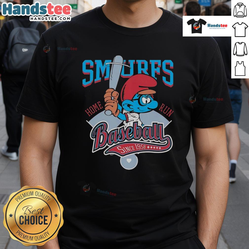 Nice Smurf Baseball Home Run Since 1958W T-Shirt featuring a playful Smurf design, perfect for baseball fans and collectors.