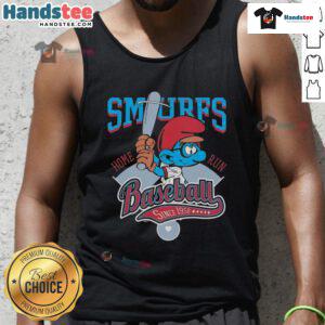 Nice Smurf baseball home run tank top featuring vibrant graphics, celebrating baseball since 1958.