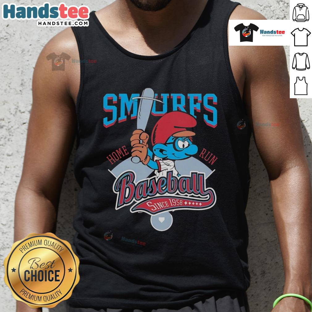Nice Smurf baseball home run tank top featuring vibrant graphics, celebrating baseball since 1958.