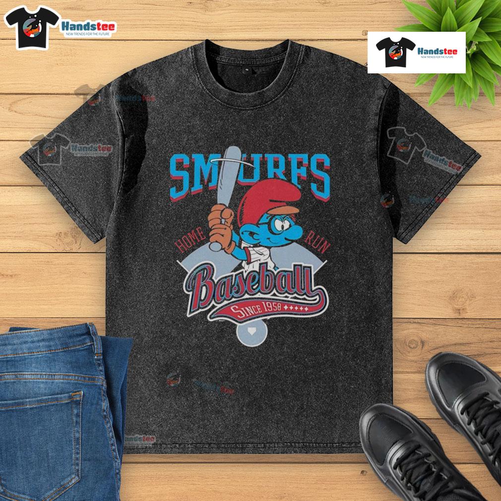 Nice Smurf Baseball Home Run Since 1958 washed t-shirt featuring a playful Smurf design in vibrant colors.