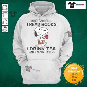 Alt Text: Snoopy hoodie featuring the quote 'That's what I do: I read books, I drink tea, and I know things'.