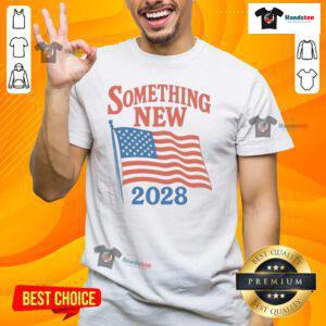 Alt Text: 2028 Gavin Newsom campaign T-shirt featuring 'Nice Something New' slogan, promoting support for his candidacy.