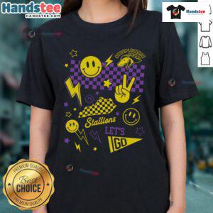 Ladies tee featuring Nice Steeplechase Smiley Face design with a checkered pattern, perfect for casual wear.