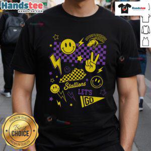 Alt Text: Nice Steeplechase Smiley Face Checkered T-Shirt featuring a vibrant smiley graphic on a stylish checkered pattern.