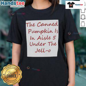 Alt Text: Canned pumpkin in aisle 5, located under Jell-O, featured on a tee shirt design titled Nice - The Canned Pumpkin.