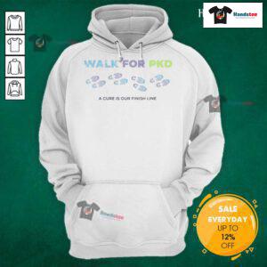 Person wearing a 'Nice Walk for PKD' hoodie, promoting awareness and support for polycystic kidney disease.