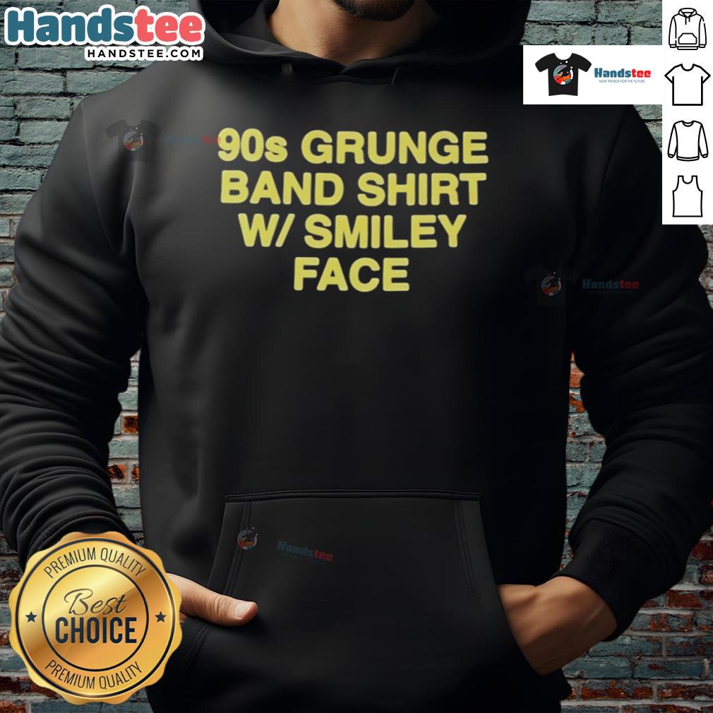 Official 90s grunge band shirt with a smiley face hoodie, perfect for retro fashion lovers and music enthusiasts.
