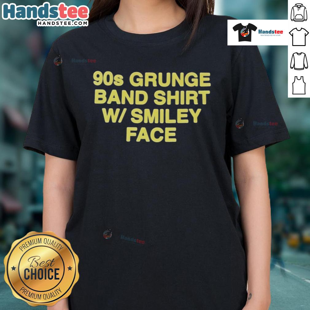 Official 90s Grunge Band Shirt with Smiley Face design for women, perfect for vintage style and music lovers.