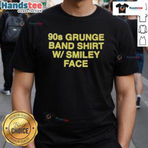 Alt Text: Official 90s grunge band shirt featuring a vintage smiley face design on a classic t-shirt, perfect for retro fashion lovers.
