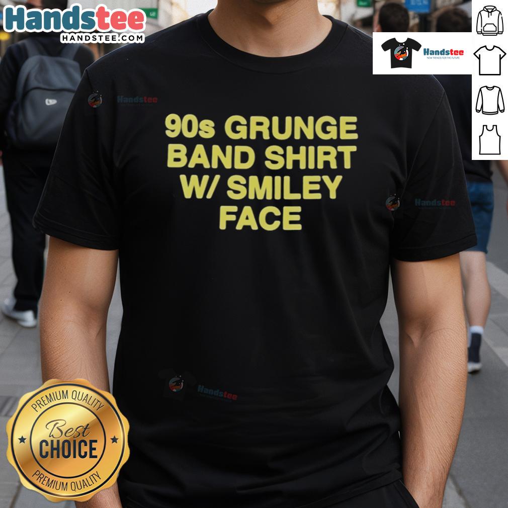 Alt Text: Official 90s grunge band shirt featuring a vintage smiley face design on a classic t-shirt, perfect for retro fashion lovers.