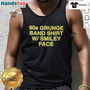 Alt Text: Official 90s grunge band shirt with smiley face design on a tank top, perfect for retro music fans.