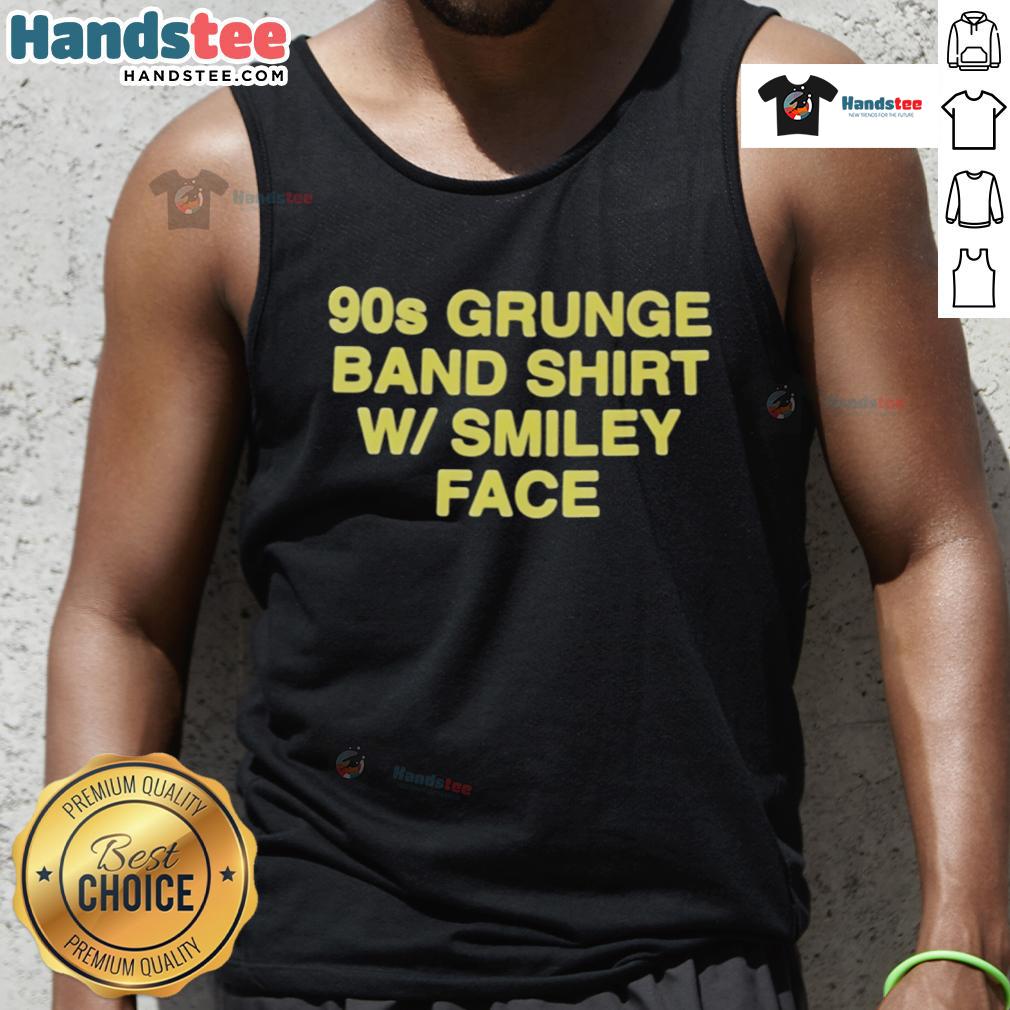 Alt Text: Official 90s grunge band shirt with smiley face design on a tank top, perfect for retro music fans.