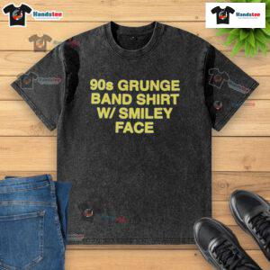 Official 90s grunge band shirt with smiley face design on a washed t-shirt, perfect for vintage music fans.