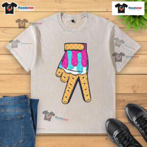 Official Baseball Ice Cream Drip Home Plate Hand Sign on a Washed T-Shirt, perfect for baseball fans and summer fun.