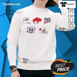 Alt Text: Official Buffalo Bills Farewell Season History lock sweatshirt featuring team colors and logo, perfect for fans.