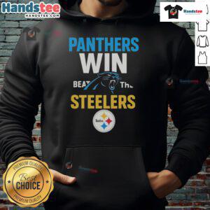 Alt Text: Official Carolina Panthers victory hoodie featuring team colors and logo, celebrating a win against the Steelers.