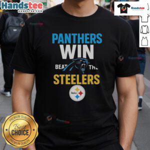 Official Carolina Panthers Victory T-Shirt celebrating their win against the Steelers, featuring bold team colors and logo.