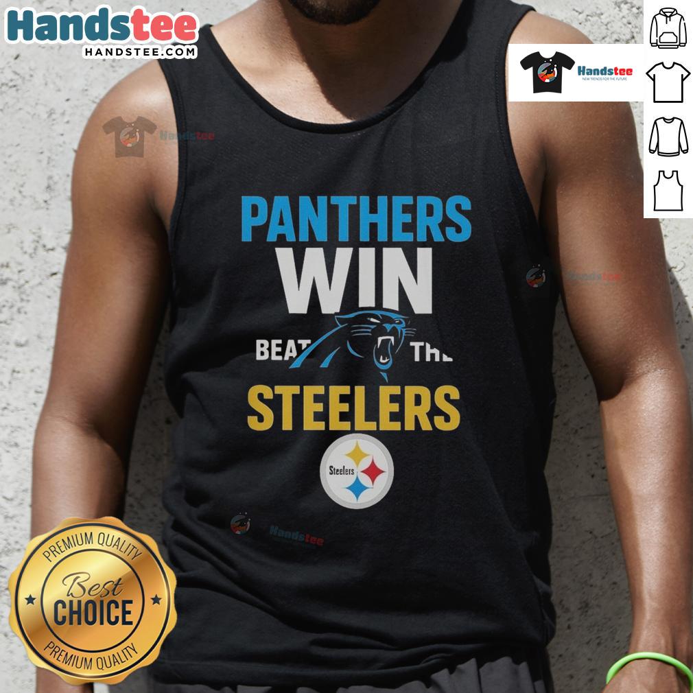 Official Carolina Panthers victory tank top featuring bold team logo, perfect for fans celebrating a win against the Steelers.