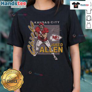 Alt Text: Official Chiefs Jared Allen Signature Ladies Tee featuring vibrant team colors and signature design for female fans.